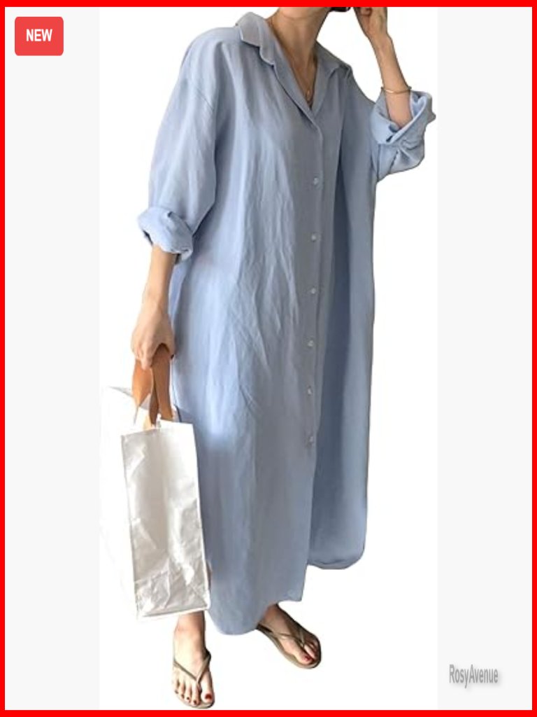 Oversize Long Sleeve Button Down Maxi Dress, 100% Cotton, Loose Fit